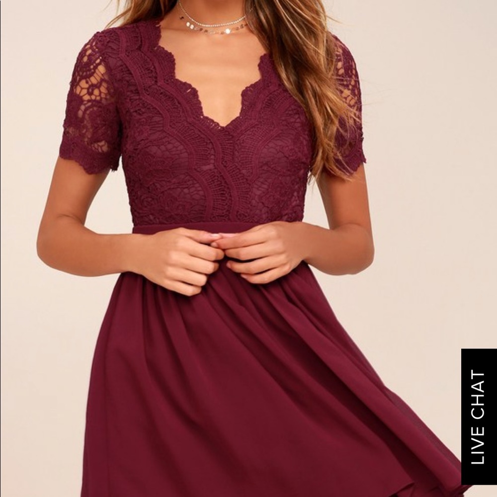 Lulus ANGEL IN DISGUISE BURGUNDY LACE SKATER DRESS